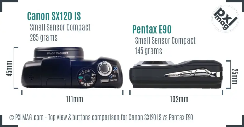 Canon SX120 IS vs Pentax E90 top view buttons comparison