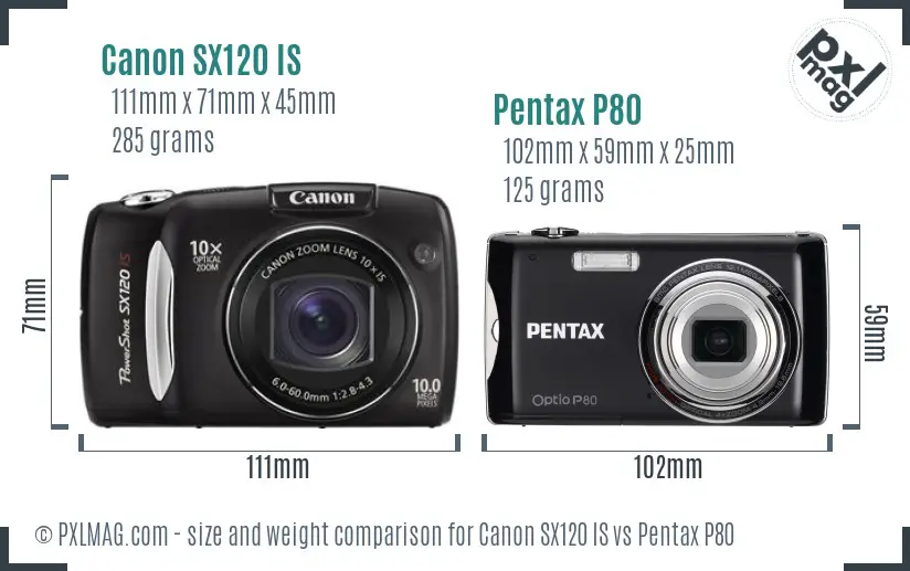 Canon SX120 IS vs Pentax P80 size comparison