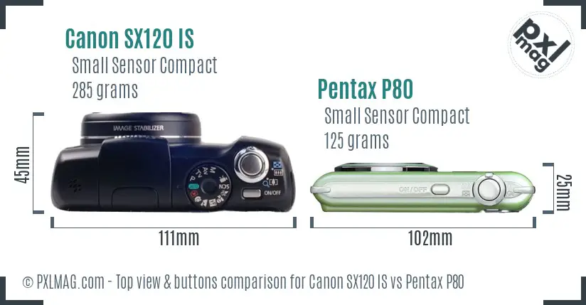 Canon SX120 IS vs Pentax P80 top view buttons comparison