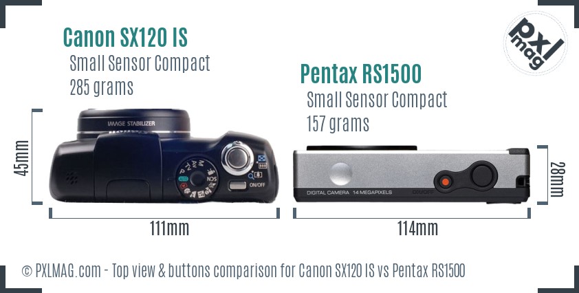 Canon SX120 IS vs Pentax RS1500 top view buttons comparison