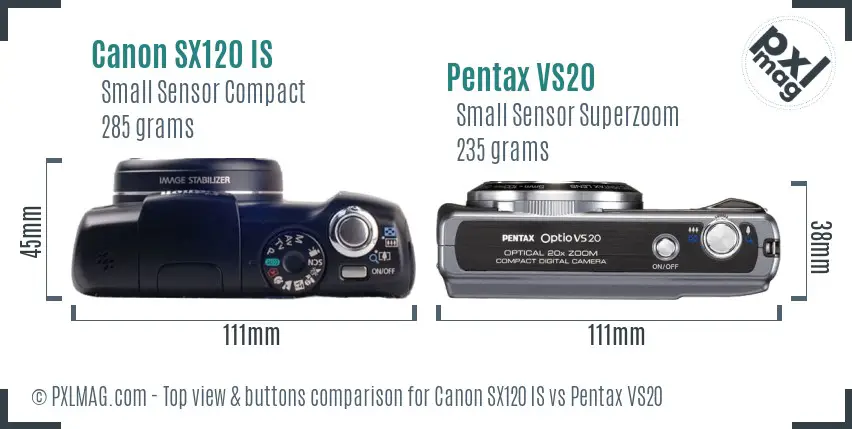 Canon SX120 IS vs Pentax VS20 top view buttons comparison Canon SX120 IS vs Pentax VS20 top view buttons comparison