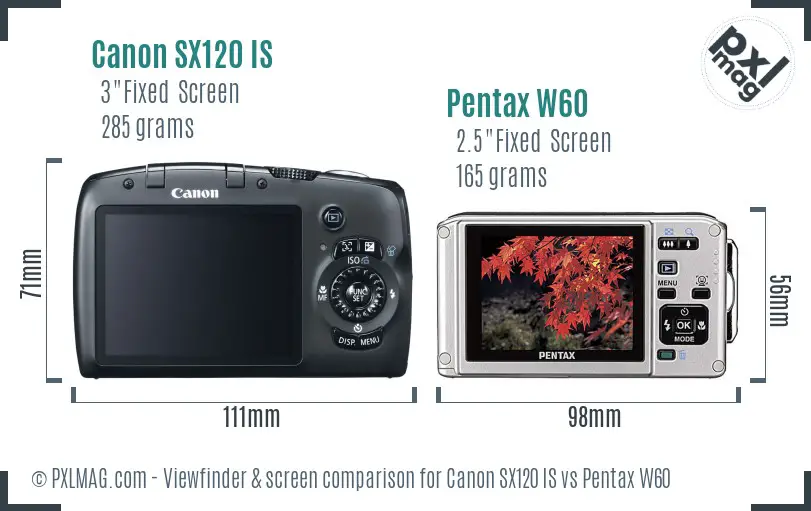 Canon SX120 IS vs Pentax W60 Screen and Viewfinder comparison