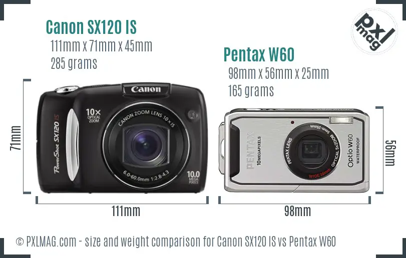 Canon SX120 IS vs Pentax W60 size comparison