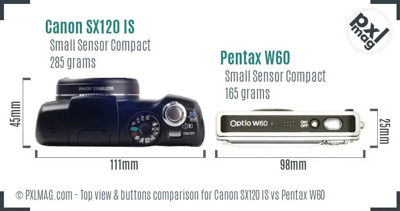 Canon SX120 IS vs Pentax W60 top view buttons comparison