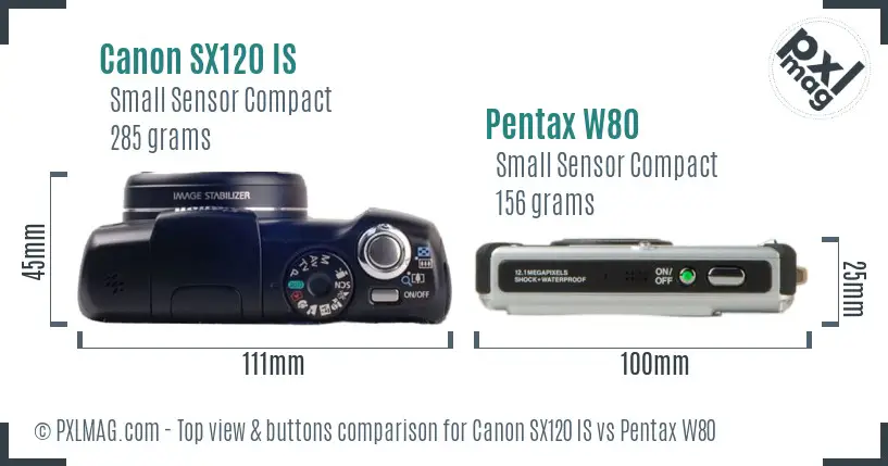 Canon SX120 IS vs Pentax W80 top view buttons comparison