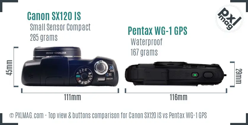 Canon SX120 IS vs Pentax WG-1 GPS top view buttons comparison