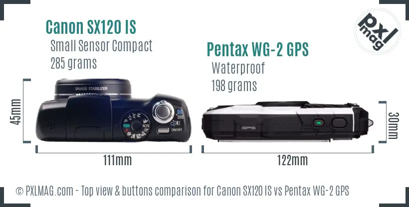 Canon SX120 IS vs Pentax WG-2 GPS top view buttons comparison