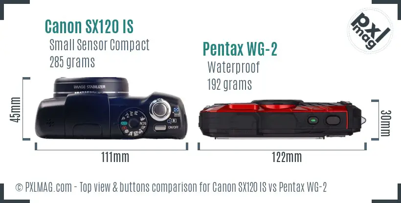 Canon SX120 IS vs Pentax WG-2 top view buttons comparison