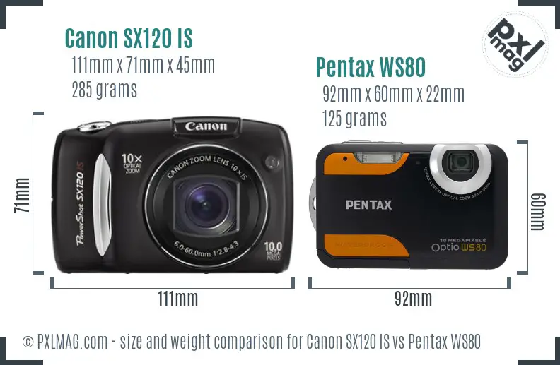Canon SX120 IS vs Pentax WS80 size comparison