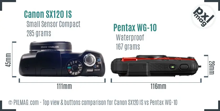 Canon SX120 IS vs Pentax WG-10 top view buttons comparison
