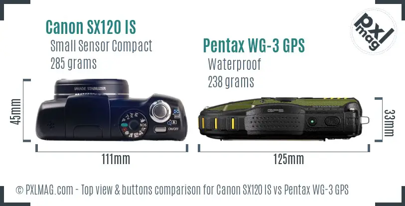 Canon SX120 IS vs Pentax WG-3 GPS top view buttons comparison