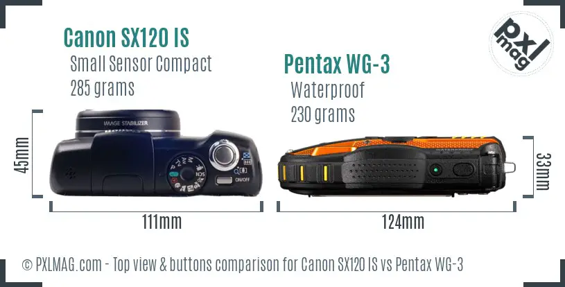 Canon SX120 IS vs Pentax WG-3 top view buttons comparison Canon SX120 IS vs Pentax WG-3 top view buttons comparison