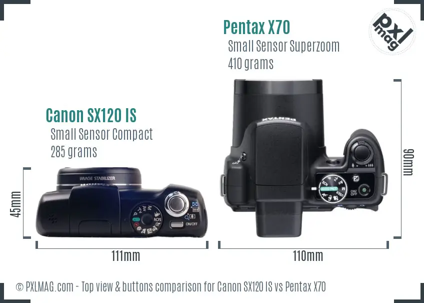 Canon SX120 IS vs Pentax X70 top view buttons comparison