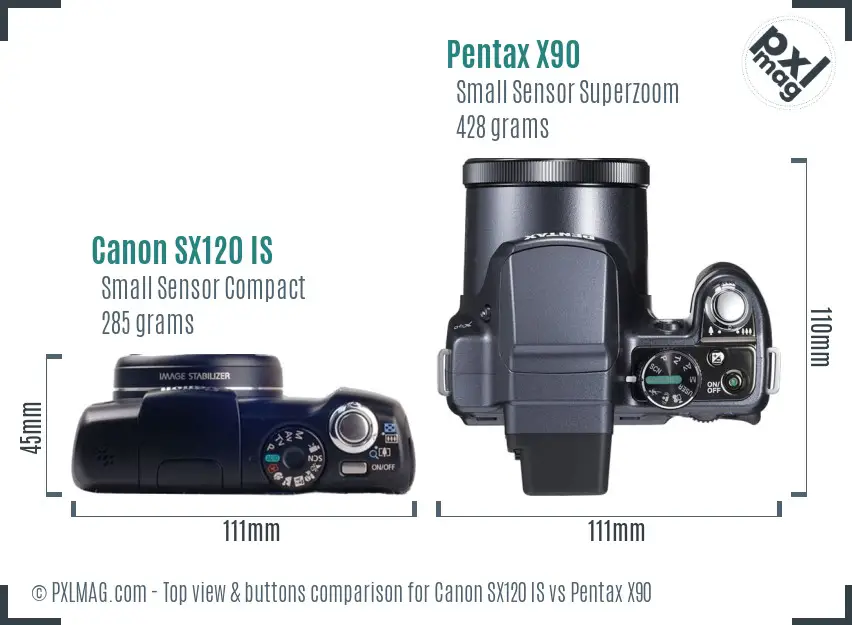 Canon SX120 IS vs Pentax X90 top view buttons comparison