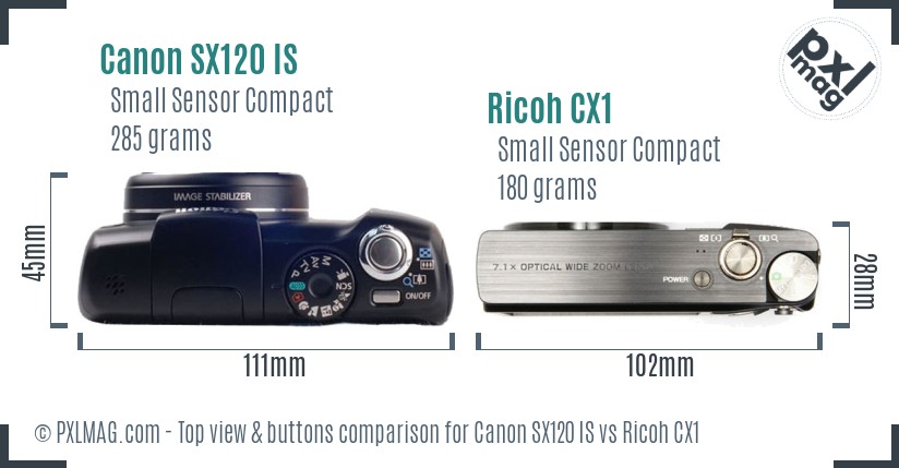 Canon SX120 IS vs Ricoh CX1 top view buttons comparison