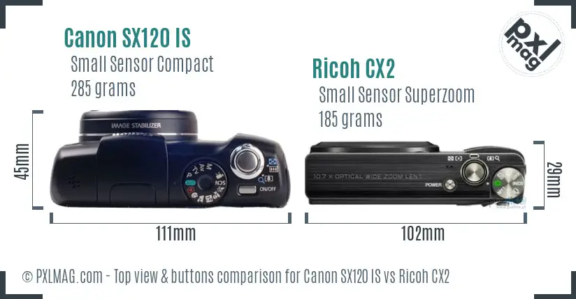 Canon SX120 IS vs Ricoh CX2 top view buttons comparison Canon SX120 IS vs Ricoh CX2 top view buttons comparison