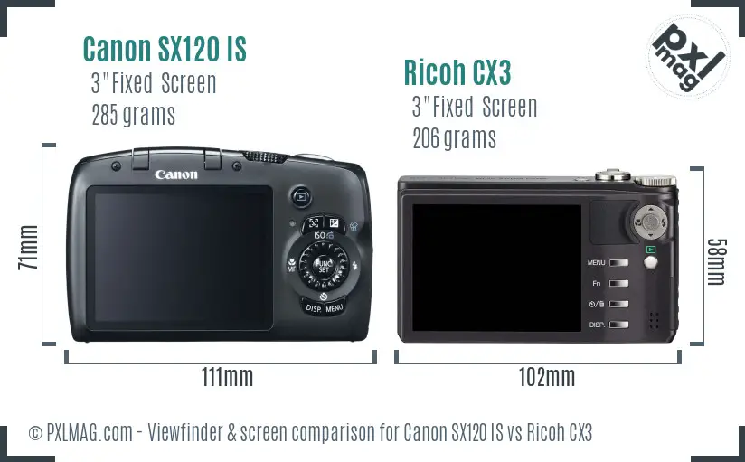 Canon SX120 IS vs Ricoh CX3 Screen and Viewfinder comparison