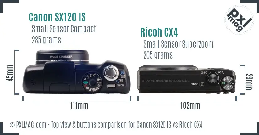 Canon SX120 IS vs Ricoh CX4 top view buttons comparison