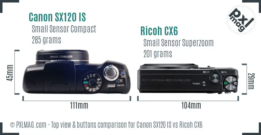 Canon SX120 IS vs Ricoh CX6 top view buttons comparison