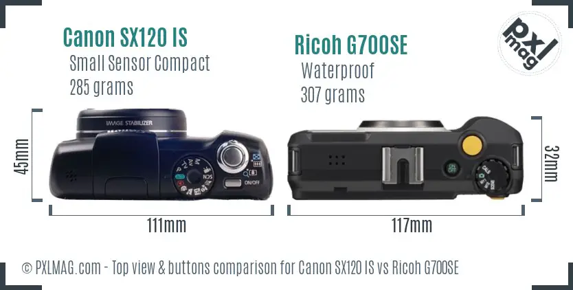 Canon SX120 IS vs Ricoh G700SE top view buttons comparison