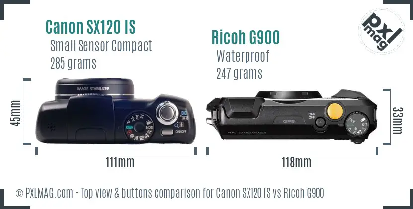 Canon SX120 IS vs Ricoh G900 top view buttons comparison