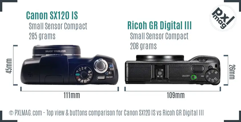 Canon SX120 IS vs Ricoh GR Digital III top view buttons comparison