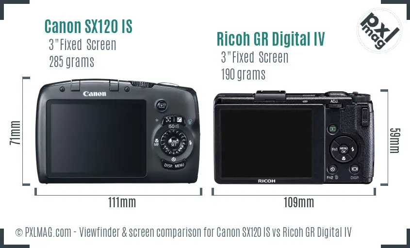 Canon SX120 IS vs Ricoh GR Digital IV Screen and Viewfinder comparison