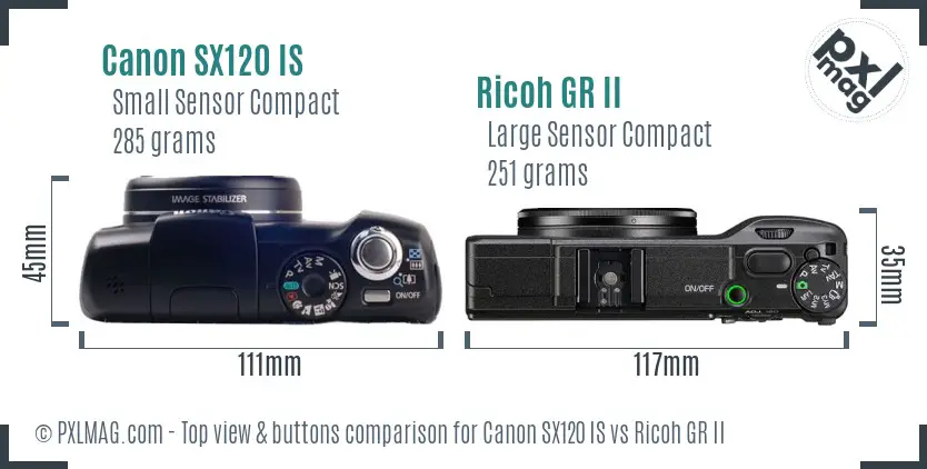 Canon SX120 IS vs Ricoh GR II top view buttons comparison Canon SX120 IS vs Ricoh GR II top view buttons comparison