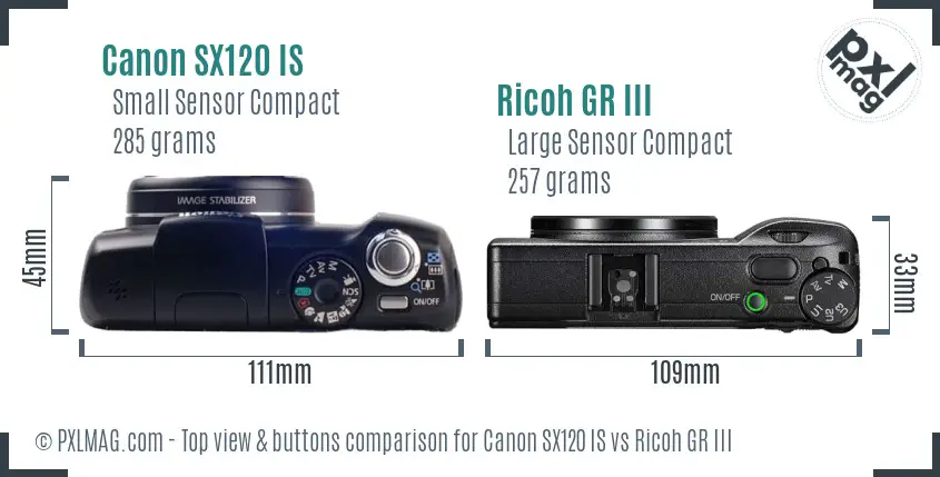 Canon SX120 IS vs Ricoh GR III top view buttons comparison Canon SX120 IS vs Ricoh GR III top view buttons comparison