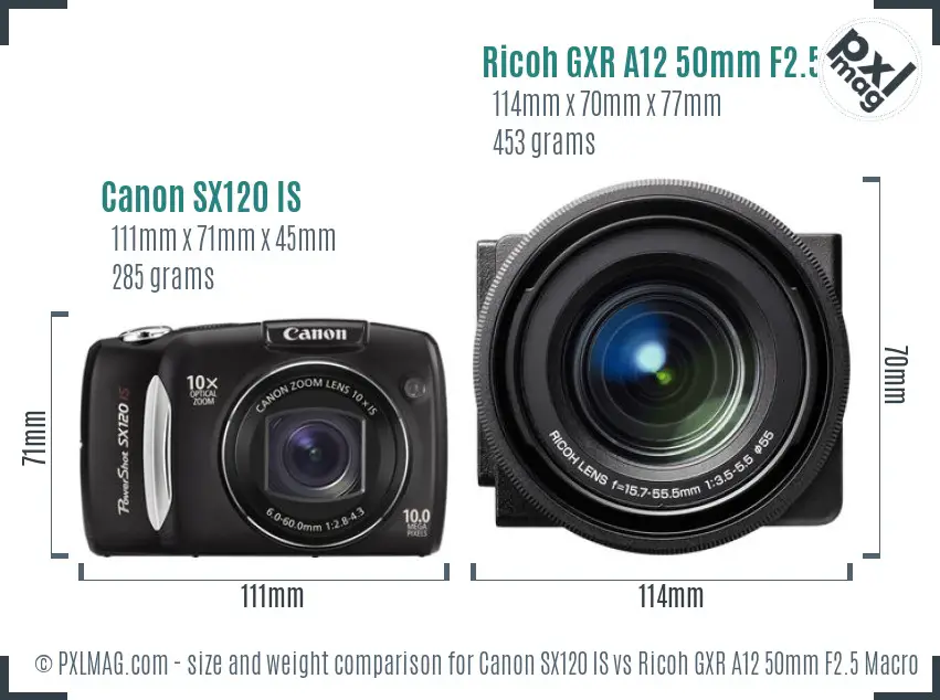 Canon SX120 IS vs Ricoh GXR A12 50mm F2.5 Macro size comparison
