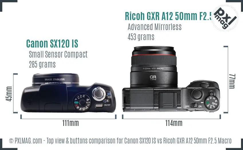 Canon SX120 IS vs Ricoh GXR A12 50mm F2.5 Macro top view buttons comparison