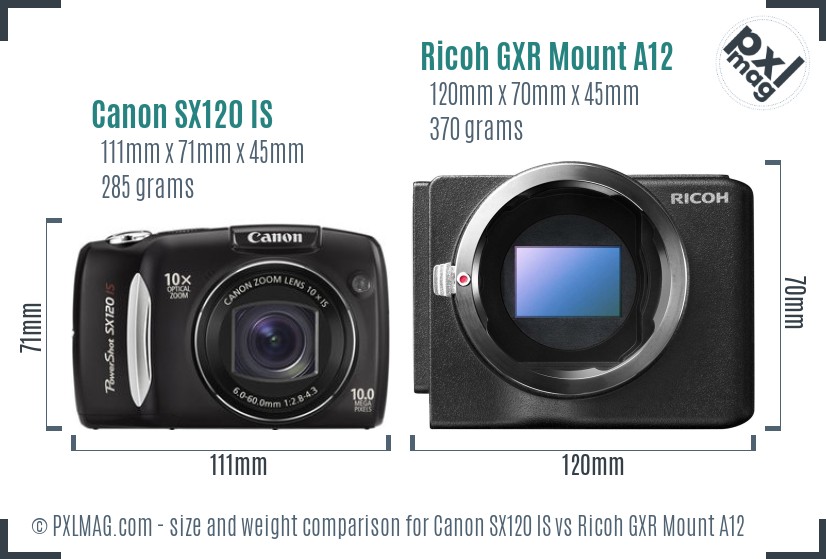 Canon SX120 IS vs Ricoh GXR Mount A12 size comparison Canon SX120 IS vs Ricoh GXR Mount A12 size comparison