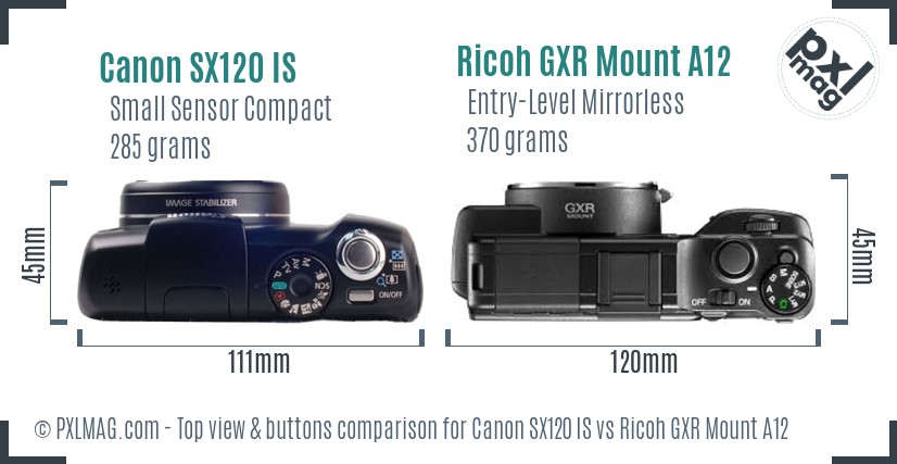 Canon SX120 IS vs Ricoh GXR Mount A12 top view buttons comparison