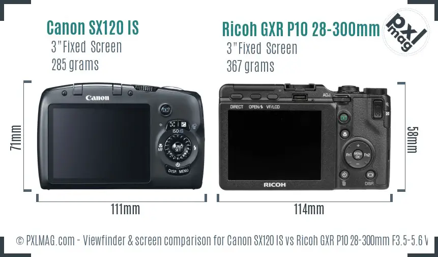 Canon SX120 IS vs Ricoh GXR P10 28-300mm F3.5-5.6 VC Screen and Viewfinder comparison