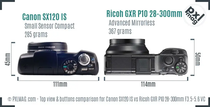 Canon SX120 IS vs Ricoh GXR P10 28-300mm F3.5-5.6 VC top view buttons comparison