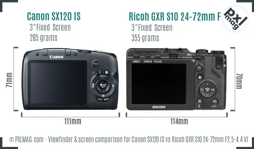 Canon SX120 IS vs Ricoh GXR S10 24-72mm F2.5-4.4 VC Screen and Viewfinder comparison