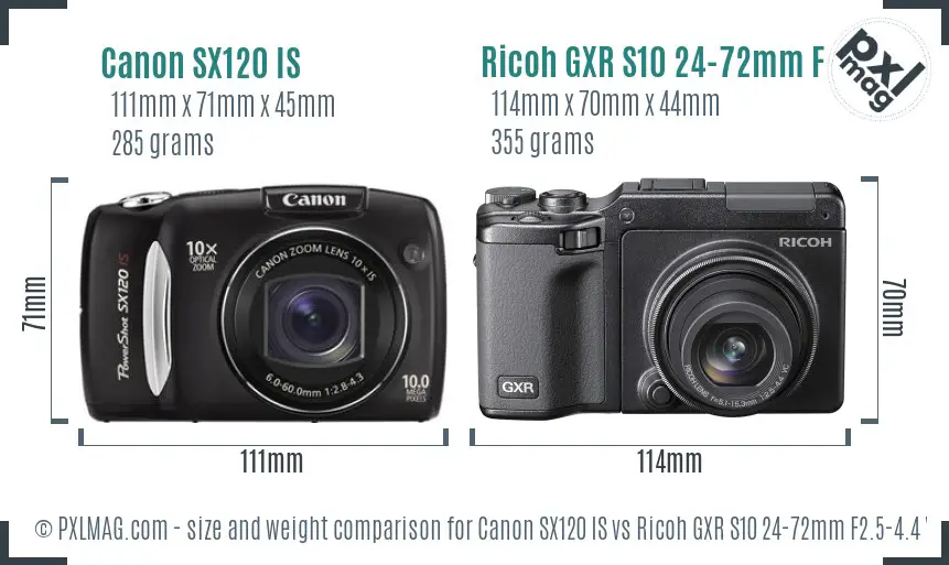 Canon SX120 IS vs Ricoh GXR S10 24-72mm F2.5-4.4 VC size comparison