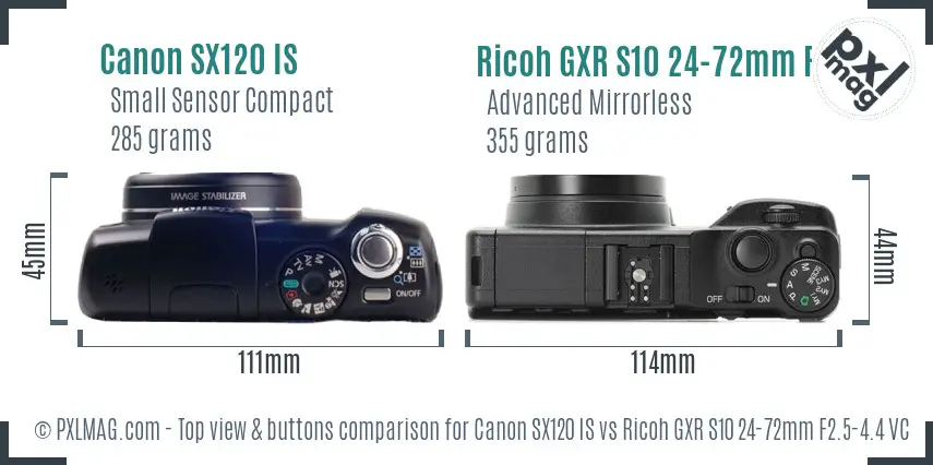 Canon SX120 IS vs Ricoh GXR S10 24-72mm F2.5-4.4 VC top view buttons comparison