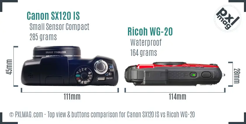 Canon SX120 IS vs Ricoh WG-20 top view buttons comparison
