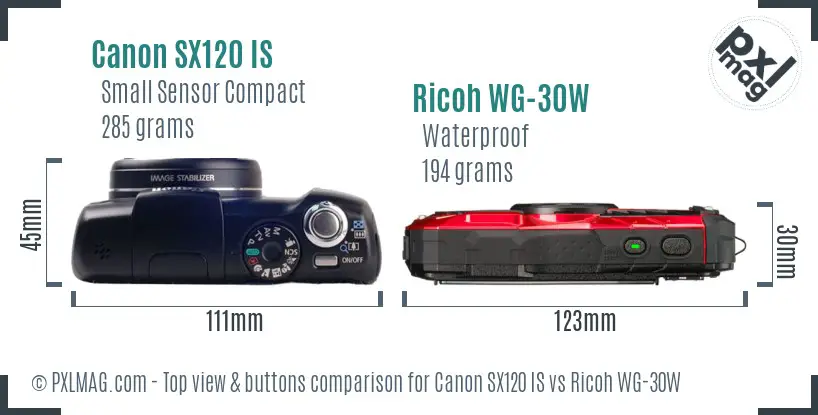 Canon SX120 IS vs Ricoh WG-30W top view buttons comparison