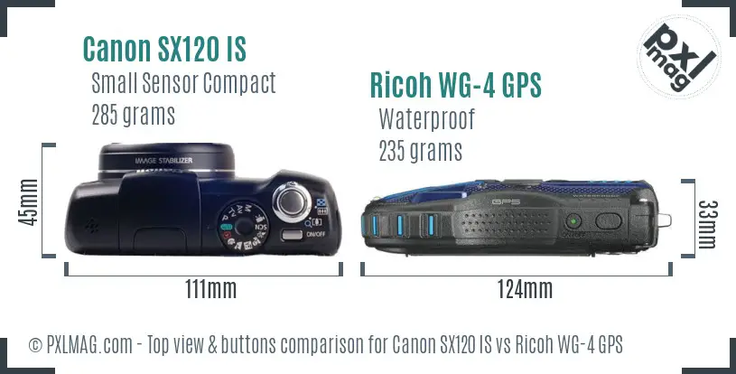 Canon SX120 IS vs Ricoh WG-4 GPS top view buttons comparison