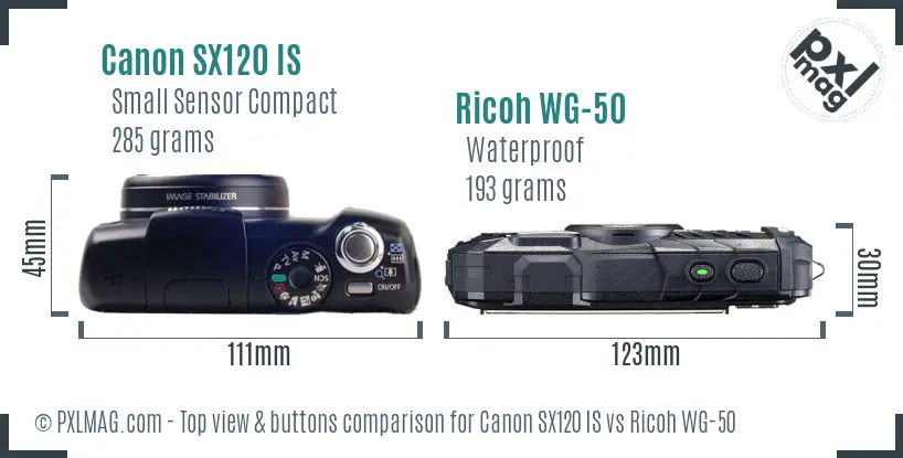 Canon SX120 IS vs Ricoh WG-50 top view buttons comparison Canon SX120 IS vs Ricoh WG-50 top view buttons comparison