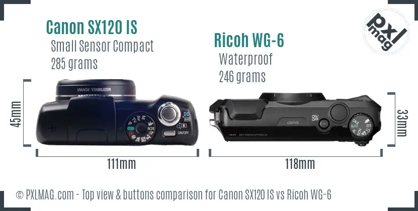 Canon SX120 IS vs Ricoh WG-6 top view buttons comparison Canon SX120 IS vs Ricoh WG-6 top view buttons comparison