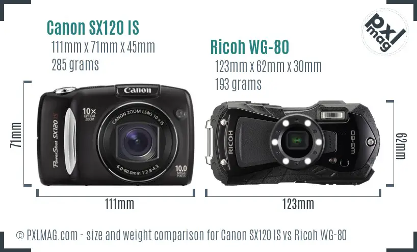 Canon SX120 IS vs Ricoh WG-80 size comparison