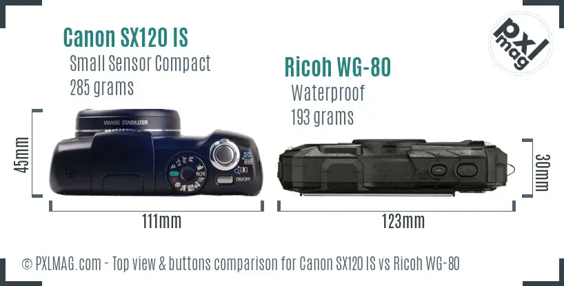 Canon SX120 IS vs Ricoh WG-80 top view buttons comparison