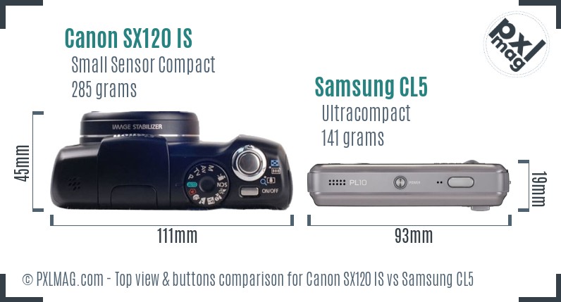 Canon SX120 IS vs Samsung CL5 top view buttons comparison