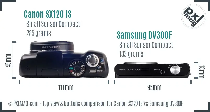 Canon SX120 IS vs Samsung DV300F top view buttons comparison