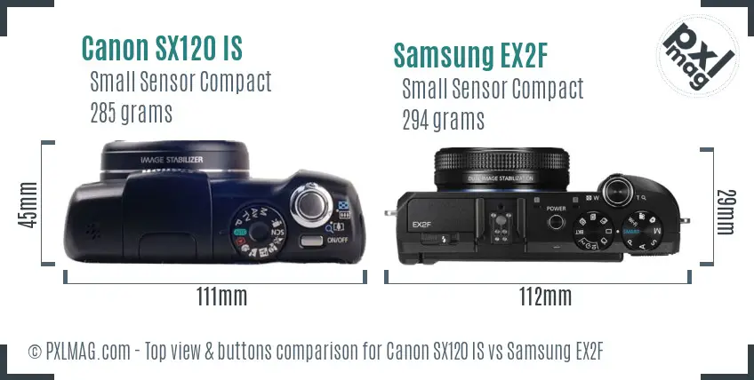 Canon SX120 IS vs Samsung EX2F top view buttons comparison