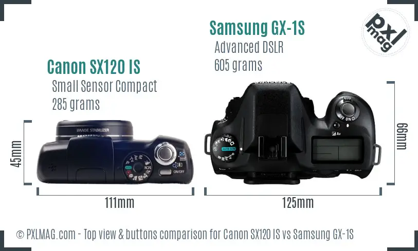 Canon SX120 IS vs Samsung GX-1S top view buttons comparison Canon SX120 IS vs Samsung GX-1S top view buttons comparison