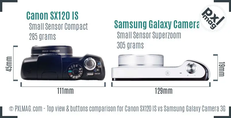 Canon SX120 IS vs Samsung Galaxy Camera 3G top view buttons comparison Canon SX120 IS vs Samsung Galaxy Camera 3G top view buttons comparison